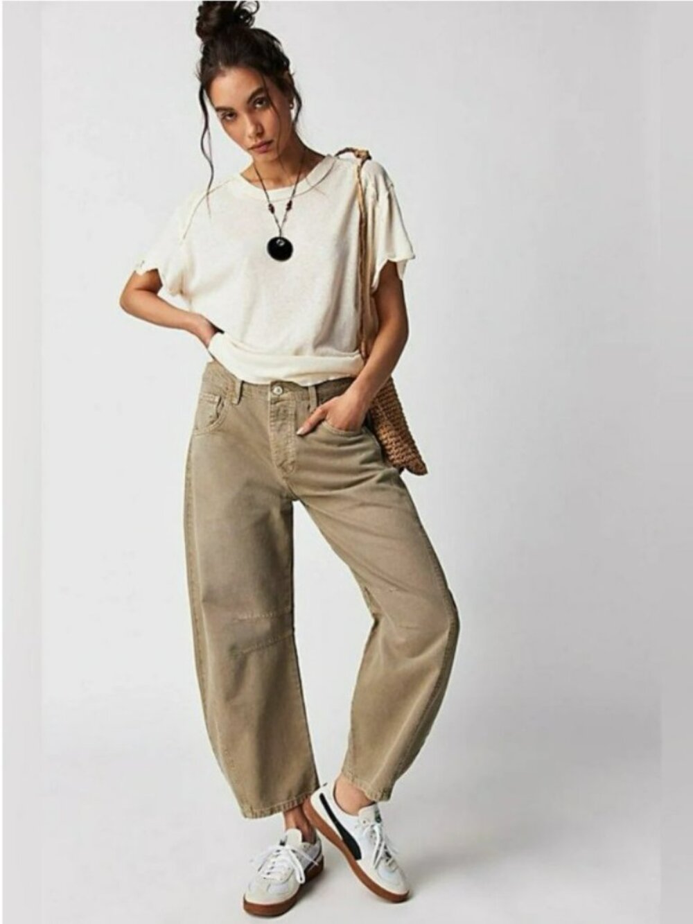 Free People Good Luck Mid Rise Barrel Jeans Tan/Khaki 32L GUC